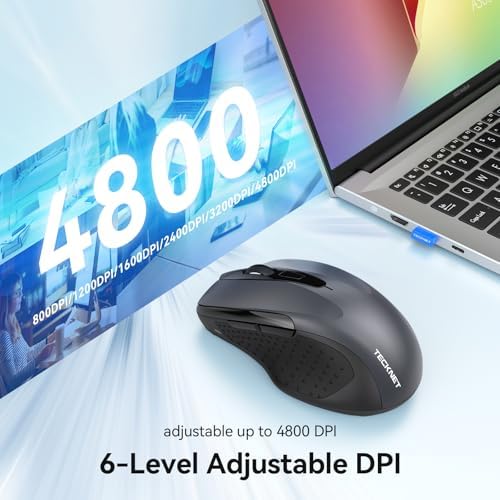 TECKNET Rechargeable Jiggler Wireless Mouse, Dual-Mode Connectivity, Grey