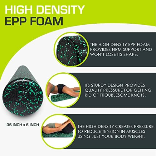 ProsourceFit High Density Foam Rollers 36 - inches long, Firm Full Body Athletic Massage Tool for Back Stretching, Yoga, Pilates, Post Workout Muscle Recuperation, Black/Green