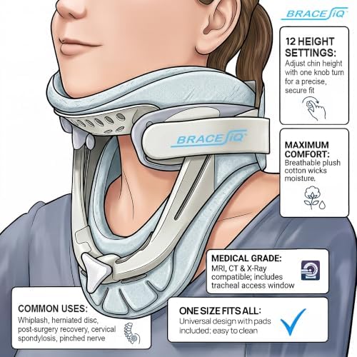 BRACEIQ™ Cervical Collar Neck Brace – Put On Alone, 12-Height Adjustable Support for Neck Pain, Whiplash, Herniated Disc & Post-Surgery Recovery | MRI Safe, Breathable | Fits Most Adults