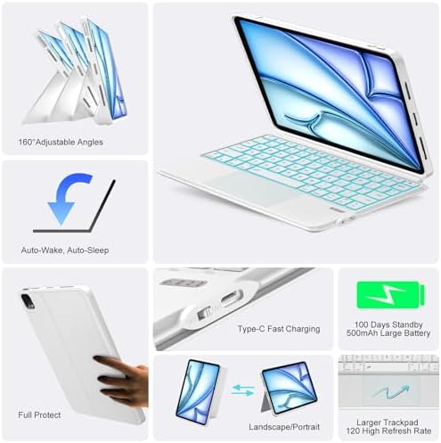 iPad Air 11 inch Case with Keyboard (M4/M3/M2, 2026/2025/2024), Pro 11, A16 11/10th, Magnetic Detachable Keyboard, Trackpad, Backlit, Adjustable Stand, Slim for Air 5/4th Gen 10.9" (White)