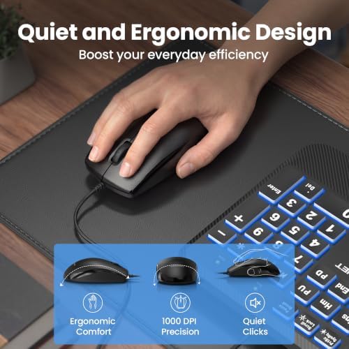 TECKNET Wired Keyboard and Mouse Combo, 4X Large Print, 7-Color Backlit Silent Keyboard Kits, Ergonomic Design with Wrist Rest, Soft-Typing, USB Plug & Play for Computer/Mac/Laptop