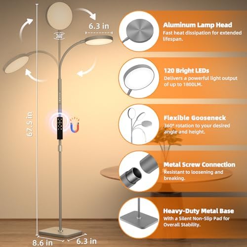 PACOVY Floor Lamp, Adjustable Height Floor Lamps for Living Room Bedroom, 120 LED Super Bright Standing Lamp Remote Control Dimmable Gooseneck Tall Stand Reading Lamp for Office Craft, Matte Gray