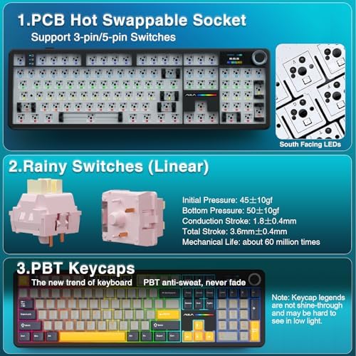 AULA F108 PRO - Wireless Mechanical Keyboard with Screen&Knob,Hot Swappable Gaming Keyboard with 8000mAh Battery,Pre-lubed Switches,RGB Backlit,PBT Keycaps Creamy Sounding Computer Keyboards,104 Keys