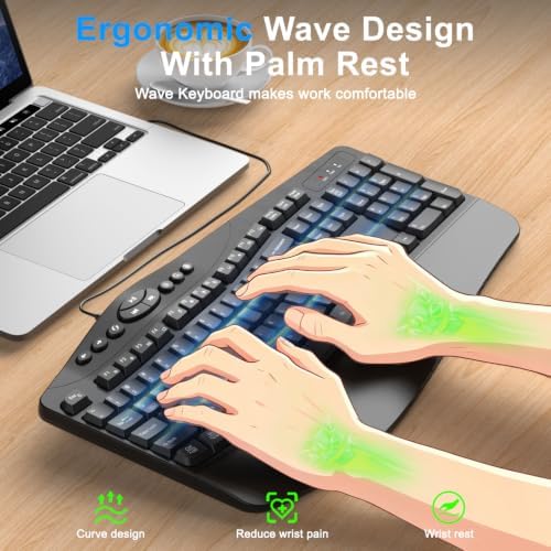 Wired Ergonomic Keyboard, Full-Size USB Computer Keyboard with Wrist Rest