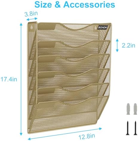 BOHDK Wall File Organizer, Hanging File Folder Mail Organizer, Vertical Mesh Metal Door/Wall Mount Hanging File Holder, Paper Document Magazine Rack with Hooks for Home Office (6 Tier Gold)