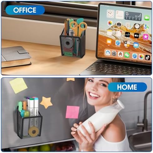 MaxGear Magnetic Pen Holder, 2 Pack Mesh Pencil Holder for Desk Storage Basket Organizer Marker Holder - Extra Strong Magnets Perfect for Locker Accessories, Refrigerator, Whiteboard, School Office