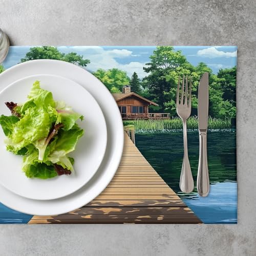 Peaceful Retreat Wooden Structure Linen Placemats, Water Body Lush Foliage Table Mats for Table Washable Heat Insulation Thick Dining Mat, Indoor/Outdoor 12X18 in 6 Pcs
