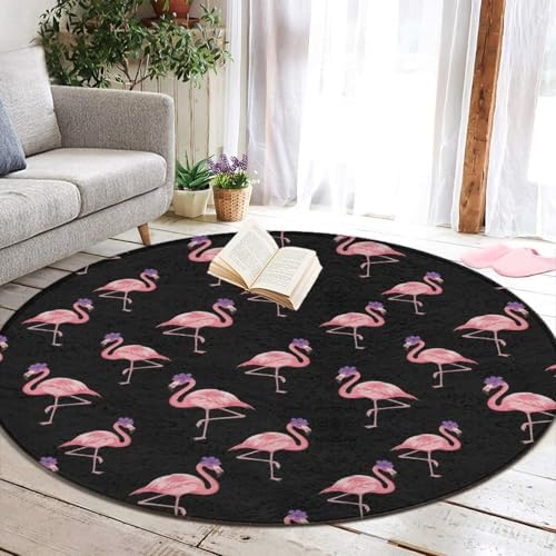 Machine Washabl Area Rug Room Sofa Yoga Soft Round Carpet, Home Decor Kitchen Office Circle Rug Pink Flamingos Lovers