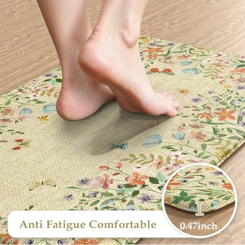 KIMODE Anti Fatigue Mats for Kitchen Floor,Brown Boho Butterfly Floral Rugs