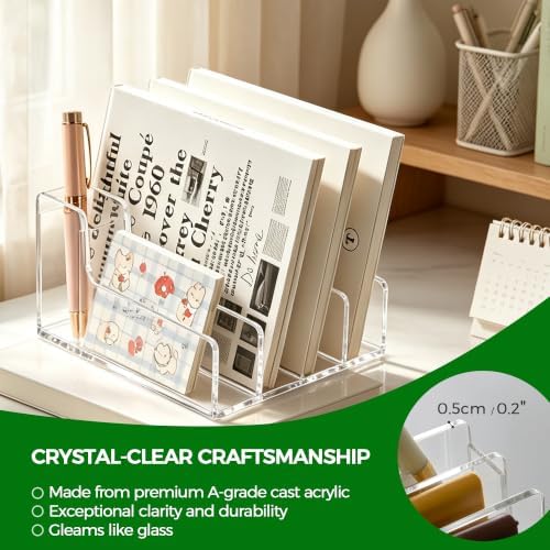 Acrylic Mail Organizer for Desk, 5 Compartments Letter Sorter with Pen Holder, Clear Desktop File Folder & Notebook Holder, Cute Office Supplies Organizer for Home Office School