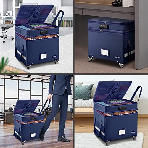DocSafe File Box with Lock, 2-Layer Fireproof Document Box with Wheels,Collapsible File Storage Organizer with Pockets,Large Portable Office Filing Cabinet Hanging Folders,Blue,16''x13.8''x12.2''