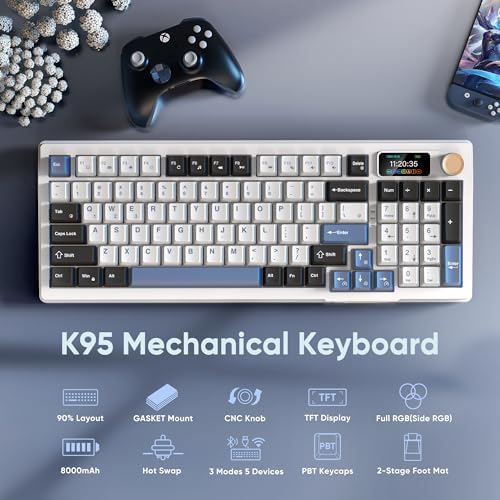 RedThunder K95 Wireless Mechanical Keyboard, TFT Screen & Knob, Tri-Mode BT5.0/2.4GHz/USB-C Hot Swappable Custom, Pre-lubed Linear Switches, Gasket Structure, RGB Gaming Keyboard, Snowy White-Blue