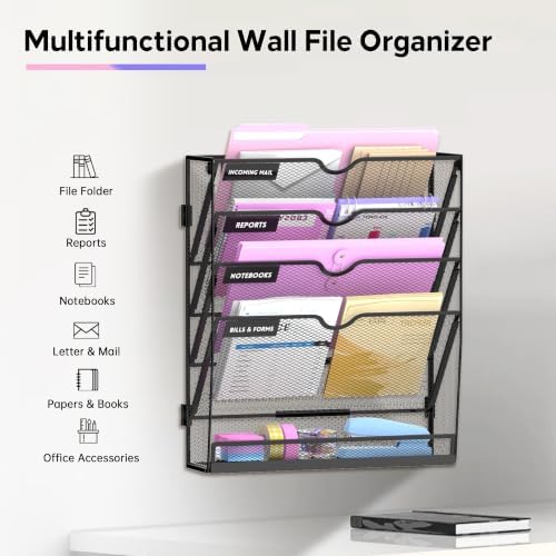 SUPEASY 5-Tier Wall File Organizer with Base, Wall Mounted File Holder