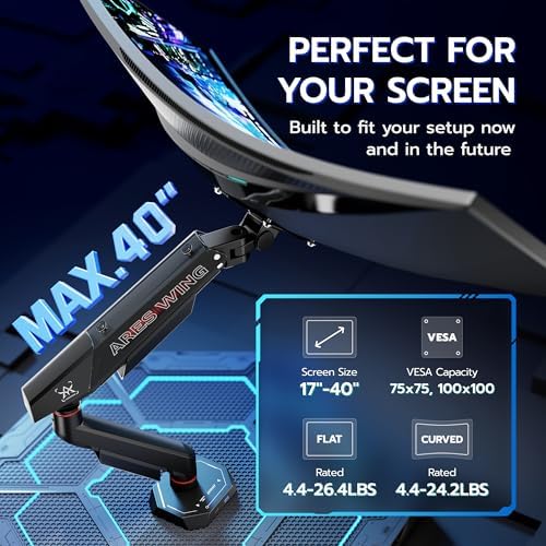 ARES WING 17-40 Inch Heavy Duty Single Monitor Arm with USB, Black