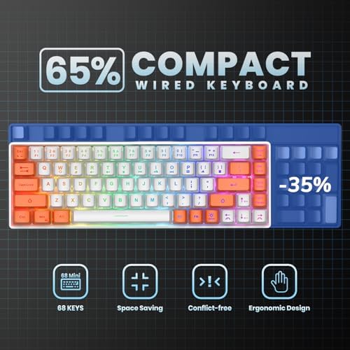 GEODMAER 65% Gaming Keyboard, LED Backlit Mini Wired Keyboard, Ultra-Compact Anti-Ghosting No-Conflict 68 Keys Membrane Gaming Wired Keyboard for PC Laptop Windows Gamer(White-Orange)