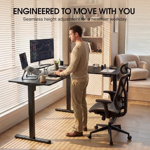 Furmax 63 x 47 Inch L Shaped Standing Desk with 2 Preset Heights, Electric Height Adjustable Computer Desk, Corner Sit Stand Desk for Home Office, 2 Hooks & Feet Balance (Black, 63 x 47 Inch)