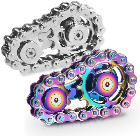 Metal Fidget Spinner Toys for Teens Boys Adults Bike Chain Roller Gadgets ADHD Figette Anxiety Stress Relief Items Quiet Figet Desk Offices EDC Men Easter Basket Stuffer - Rainbow+Silver