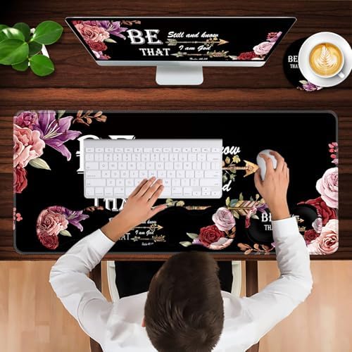 Keyboard Wrist Rest and Mouse Pad with Wrist Support Set Ergonomic Coaster,Memory Foam,Easy Typing Pain Relief,Large XL Desk Mat 31.5"x 11.8",Bible Verse Psalm 46-10 Adorable Peony Flower