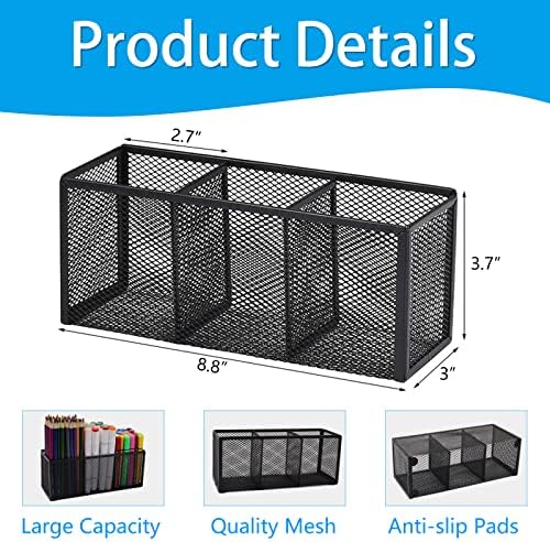 2PCS Black Mesh Pen Pencil Holder, Small Metal Desk Organizer Desktop Stationery Office Supplies Acessories Storage Stand, 3 Compartments Brushes Holder for Home School Classroom Teachers