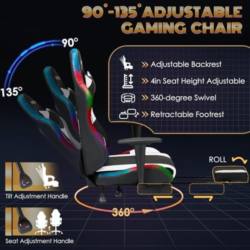 ECOTOUGE Racing Style RGB LED Lights Gaming Chair with Footrest