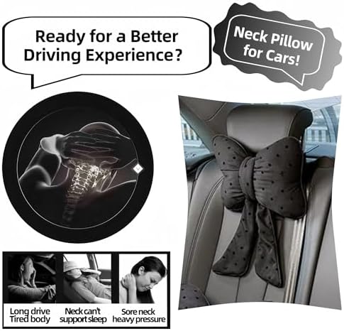 2PCS Chic Car Headrests with Bow-Shaped Cotton Linen Bowknot Neck Pillows for Cozy Road Trip & Cute Interior Decoration (Black Polka)