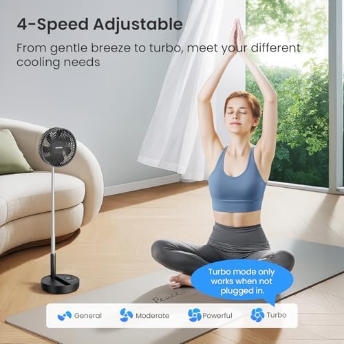 TriPole Portable Standing Fan, 8000mAh Rechargeable Oscillating Fan with Remote, 8.1'' Quiet Pedestal Floor Fan with LED Display & Timer, Foldable Small Desk Fans for Bedroom, Office, Camping, Travel