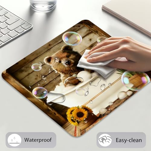 Funny Bear in Bathtub Mouse Pad, Rustic Farmhouse Wild Animal Desk Mat
