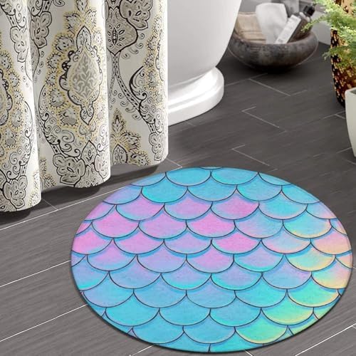 Large Round Area Rug Home Decor Modern Bathroom Rug Kitchen Office Circle Rug for Living Room Sofa Circle Cute Mat Beautiful Mermaid Fish Scale