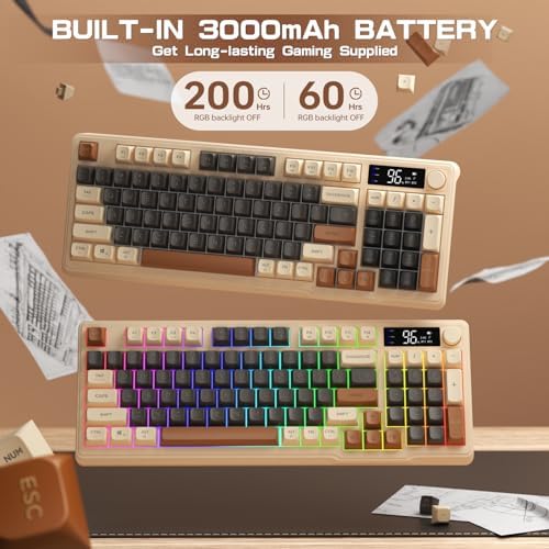 LexonElec M96 Wireless Gaming Keyboard,Knob Control Bluetooth/2.4G Wireless Mechanical Feeling Keyboard,RGB LED Backlit with Display Screen, PBT Keycap, 3000mAh, 94-Key Layout for Win/Mac(Coffee)