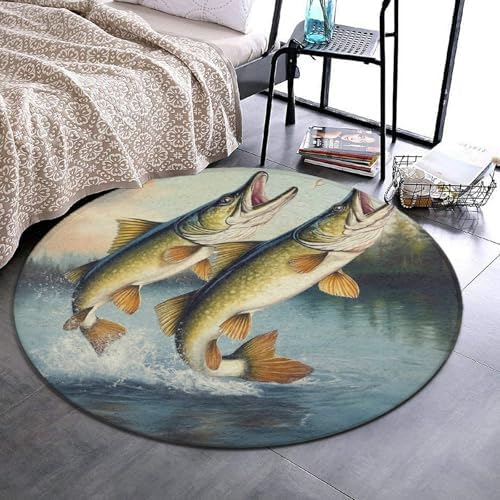 Highly Premium Quality Floor Mat, Office Chair Decor Mat, Room Sofa Yoga Soft Round Carpet Two Bass Fish Jumping Out of Water Painting, 24inch