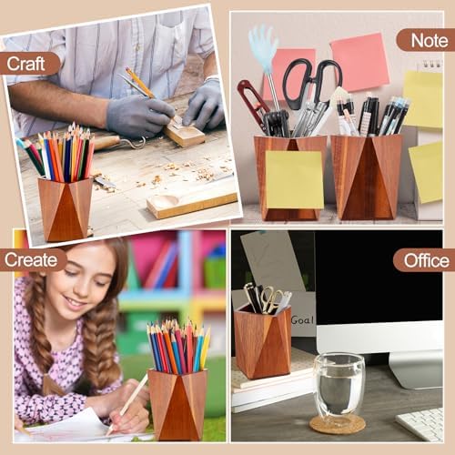 Henoyso 2 Pcs Acacia Wood Geometric Pen Holder Pencil Cup Office Desk