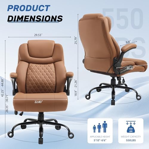 500LBS Big and Tall Executive Office Chair with Adjustable Lumbar Support,Extra Wide Seat for Ergonomic Computer Desk Chair Flip-up Arm,Home Office Chair Spring Cushion Upgraded Metal Base, PU Brown
