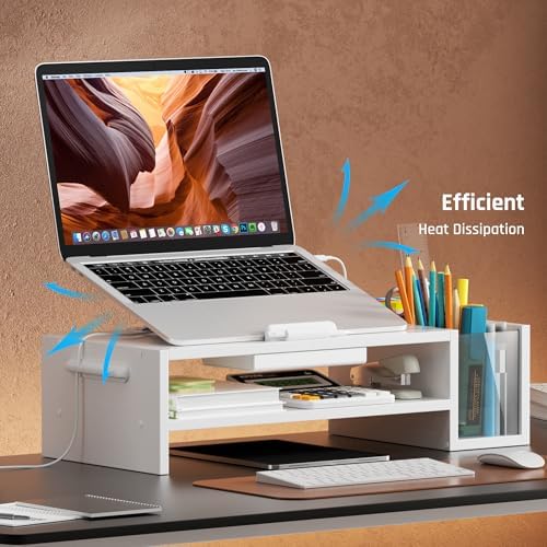 AFOOYO Adjustable Wood Laptop Stand, Ergonomic Height & Angle Computer Riser with Pen Holder – Compatible with MacBook Air/Pro, Dell, HP, Lenovo & 10-17.3" Notebooks – White