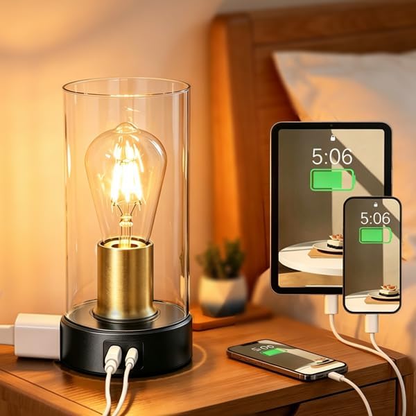 Touch Control Bedside Lamp with Charging Station，Black Gold Small Lamp