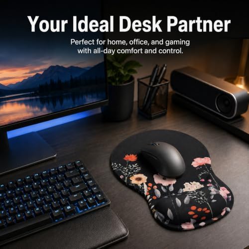 Mouse Pad with Wrist Rest Ergonomic Memory Foam Support, Non-Slip Rubber Base, Comfortable Typing Cushion for Home Office Computer Laptop, Flower Black