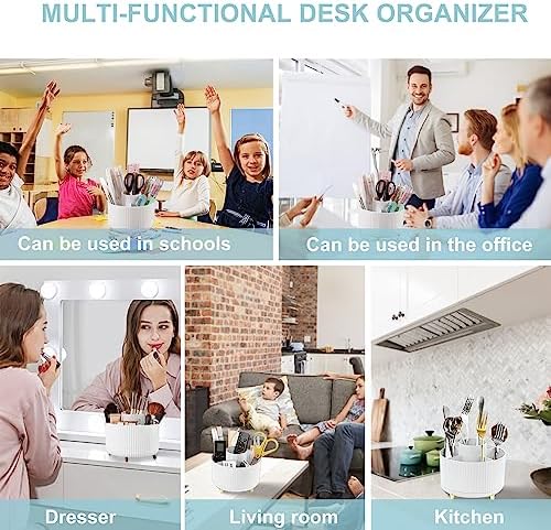 Cayxenful Pencil Holder For Desk,5 Slots 360°Degree Rotating Desk Organizers And Accessories,Desktop Storage Stationery Supplies Organizer, Cute Pencil Cup Pot For Office, School, Home (B-White)