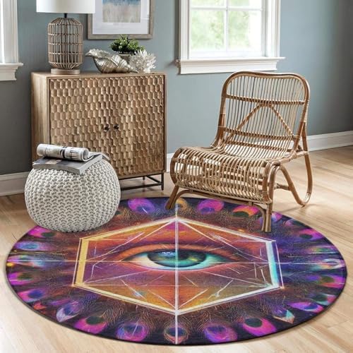 Home Decor Non Slip Kitchen Office Circle Rug, Machine Washable Modern Round Area Rug, Room Sofa Yoga Soft Round Carpet Colorful Tattoo Trippy Acid Eye, 36inch