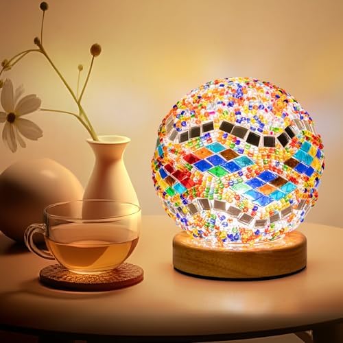 Turkish Mosaic Lamp, 3 Color Temperature Tiffany Bedside Lamp with USB Power, Moroccan Glass Lantern Table Lamp for Living Room Decor, Simple Control (D:4.7" x H:5.2") (Color1)