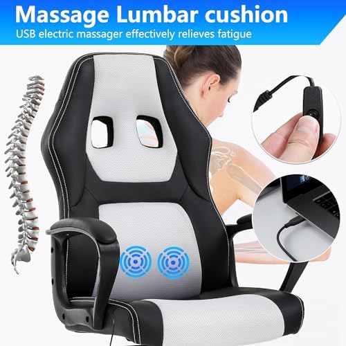 PayLessHere Gaming Chair Office Chair with Support Adjustable Ergonomic Pu Leather Racing Lumbar Massage Headrest Armrest Task 360° Swivel Computer Chair for Women Men Adults，White