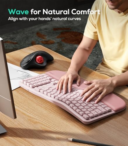 Nulea RT08 Wave Keys Wireless Ergonomic Keyboard with Cushioned Palm Rest, 2.4GHz Ergo Cordless USB Computer Keyboard, Comfortable Natural Typing, for Laptop, Mac, Windows (Pink)