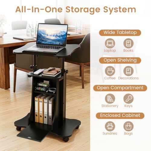 GIANTEX Mobile Podium Stand, Sit-to-Stand Laptop Cart (Black, 2 Pack)