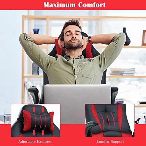 Red PU Leather Gaming Chair - Adults Ergonomic Desk Chair with Flip Up Arms, Swivel Reclining, Height & Backrest Adjustable, 300 Lbs