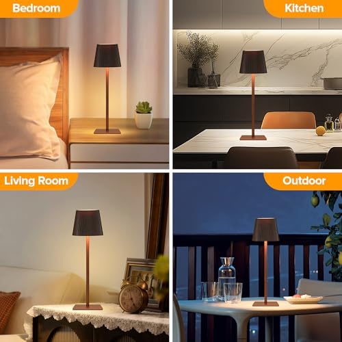 LUTEC 2 Pack Cordless Table Lamp,6000mAh Rechargeable Battery Operated Desk Lamp,Two Adjustable Heights,Waterproof, Touch Control & 3 Color Stepless Dimming for Restaurant/Bedroom/Bars/Outdoor (Brown)