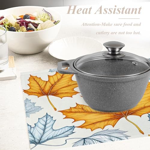 Shrahala Autumn Maple Leaves Set Of 4 12 X 18 Inch Linen Placemats , Cartoon Artistic White Background Burlap Table Mat Washable Double Layered Heat Insulation For Indoor/Outdoor