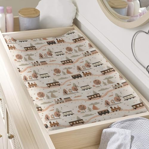 Cartoon Train Transportation Trees Pattern Baby Changing Pad Cover, Unisex Train Nursery Diaper Changing Table Pad Mat Sheet for Boys Girls-16x32