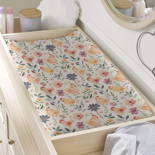 Cartoon Farm Animals Chicken Flowers Floral Leaves Baby Changing Pad Cover,Unisex Farm Nursery Diaper Changing Table Pad Mat Sheet for Boys Girls-16x32
