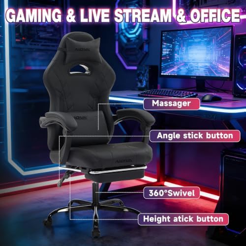 Gaming Chair with Footrest and Massage Lumbar Support, Ergonomic Computer Gamer Chair, Office Video Game Chairs with Adjustable Height and Backrest (Black)