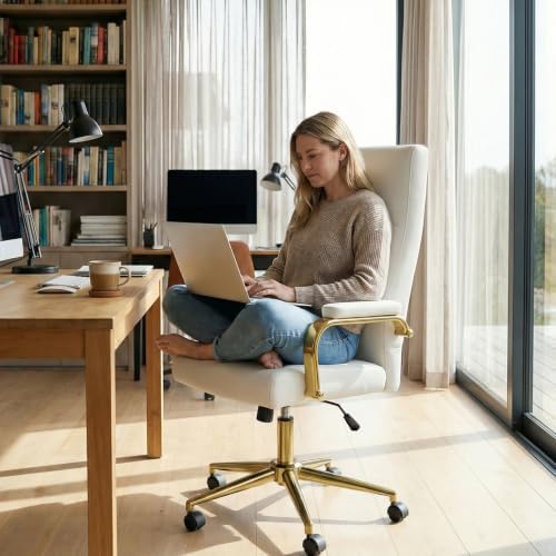 GXJ White and Gold Office Chair with Memory Foam Seat, Computer Desk Chair