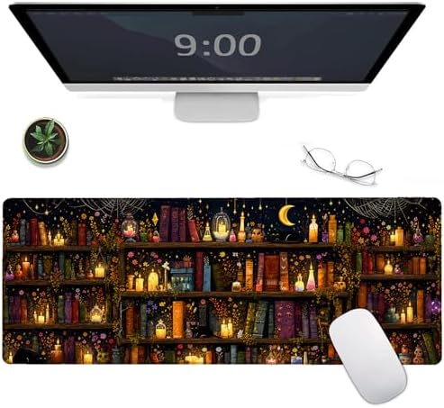 Library Gaming Mouse Pad,Gothic Large Desk Mat, 31.5x11.8x0.12in Extended Non-Slip Rubber Magic Candle Book Art Mousepad, Computer Deskmat Gifts, Laptop Mice Pads Decor for Office Home