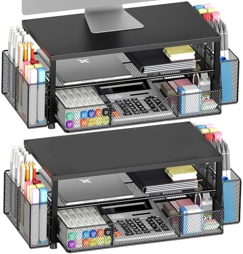 OPNICE Desk Organizer and Accessories, 2-Tier Computer Monitor Stand Riser with Drawer and 2 Pen Holders, Laptop Stand, Office Desk Accessories for Office Supplies, Black 2-Pack